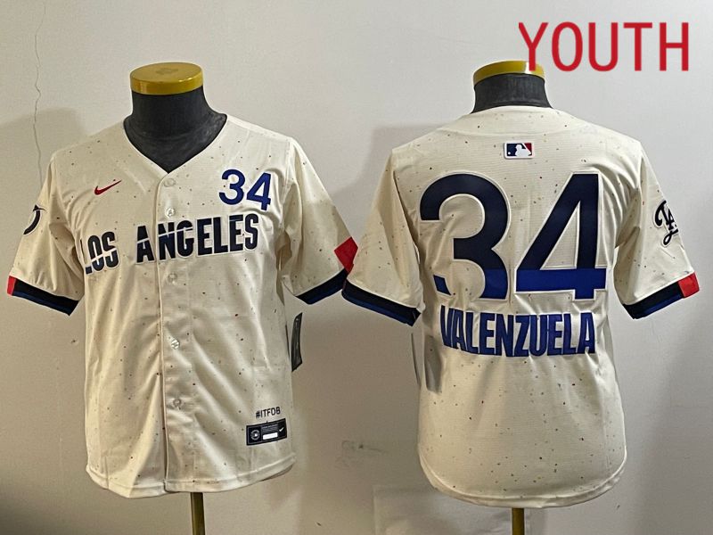 Youth Los Angeles Dodgers #34 Valenzuela Cream City Edition Nike 2024 MLB Jersey style 1120->youth mlb jersey->Youth Jersey